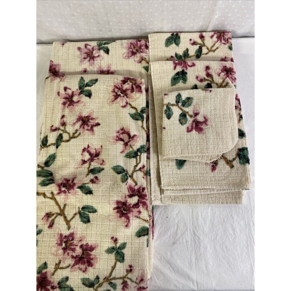 Vintage Cannon Gold Label 5 Towel Bathroom Set Pink‎ Floral Cream Made In USA